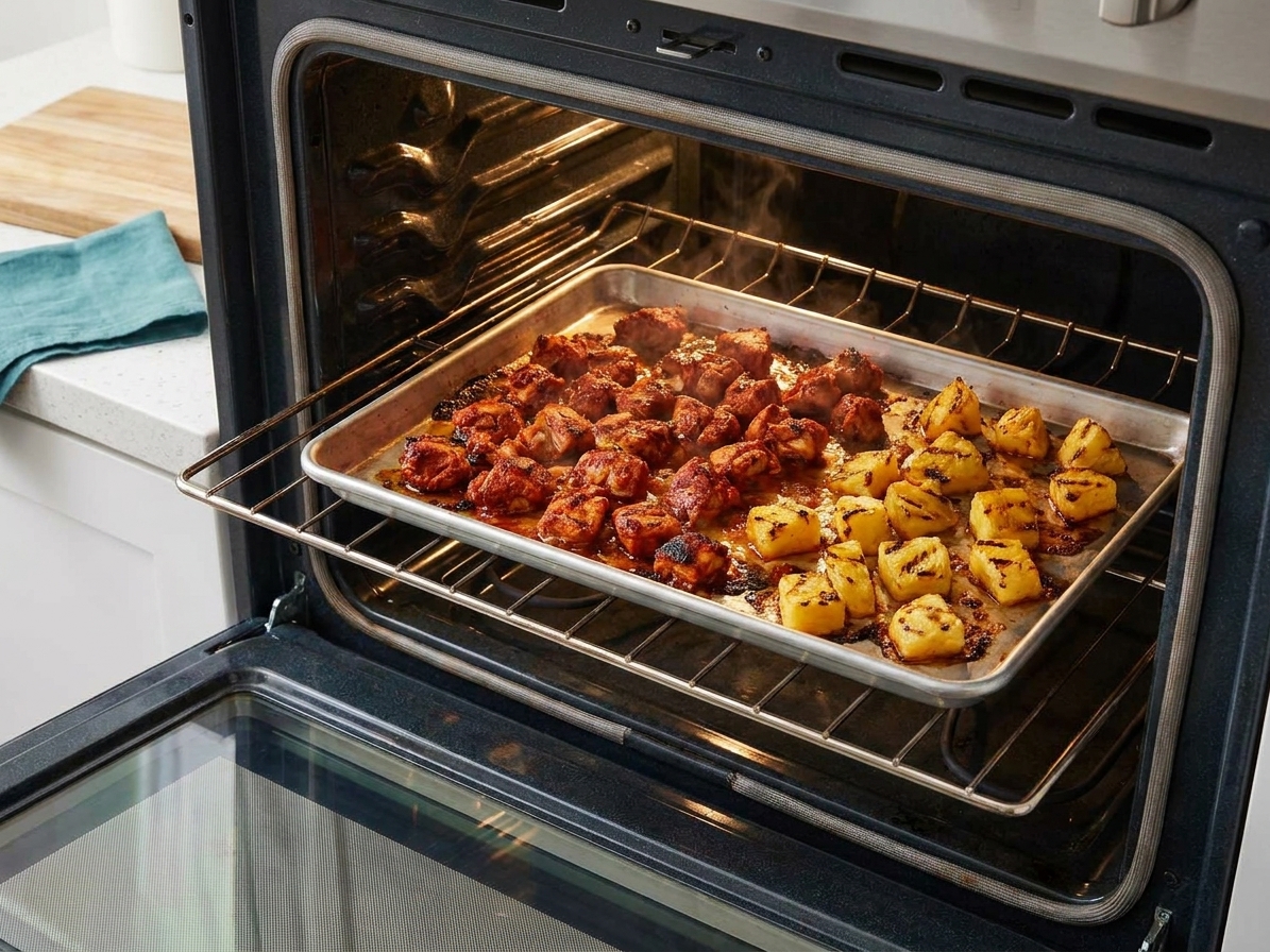 A sheet pan with chicken al pastor and pineapple chunks roasting in a hot oven