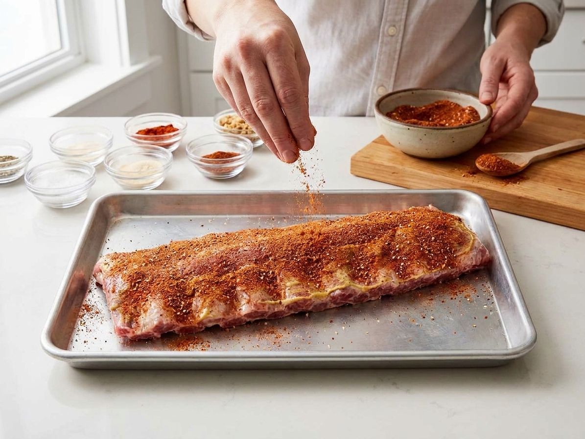 A sheet pan with raw pork ribs while a home cook sprinkles BBQ dry rub evenly over the surface in a bright kitchen
