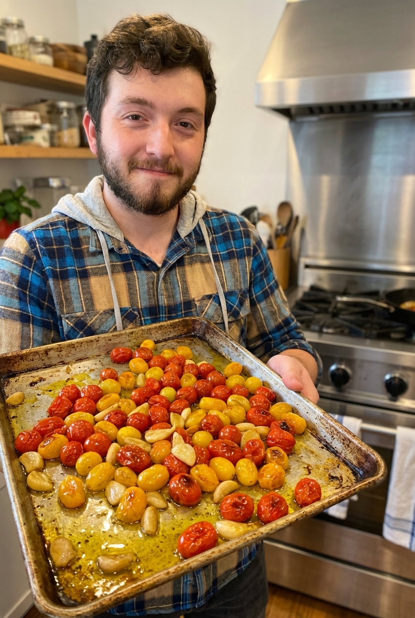 A sheet pan with roasted cherry tomatoes and garlic confit in olive oil