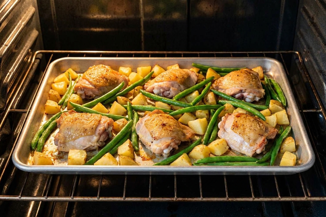 A sheet pan with roasted chicken thighs, golden potatoes, and green beans halfway through cooking on an oven rack
