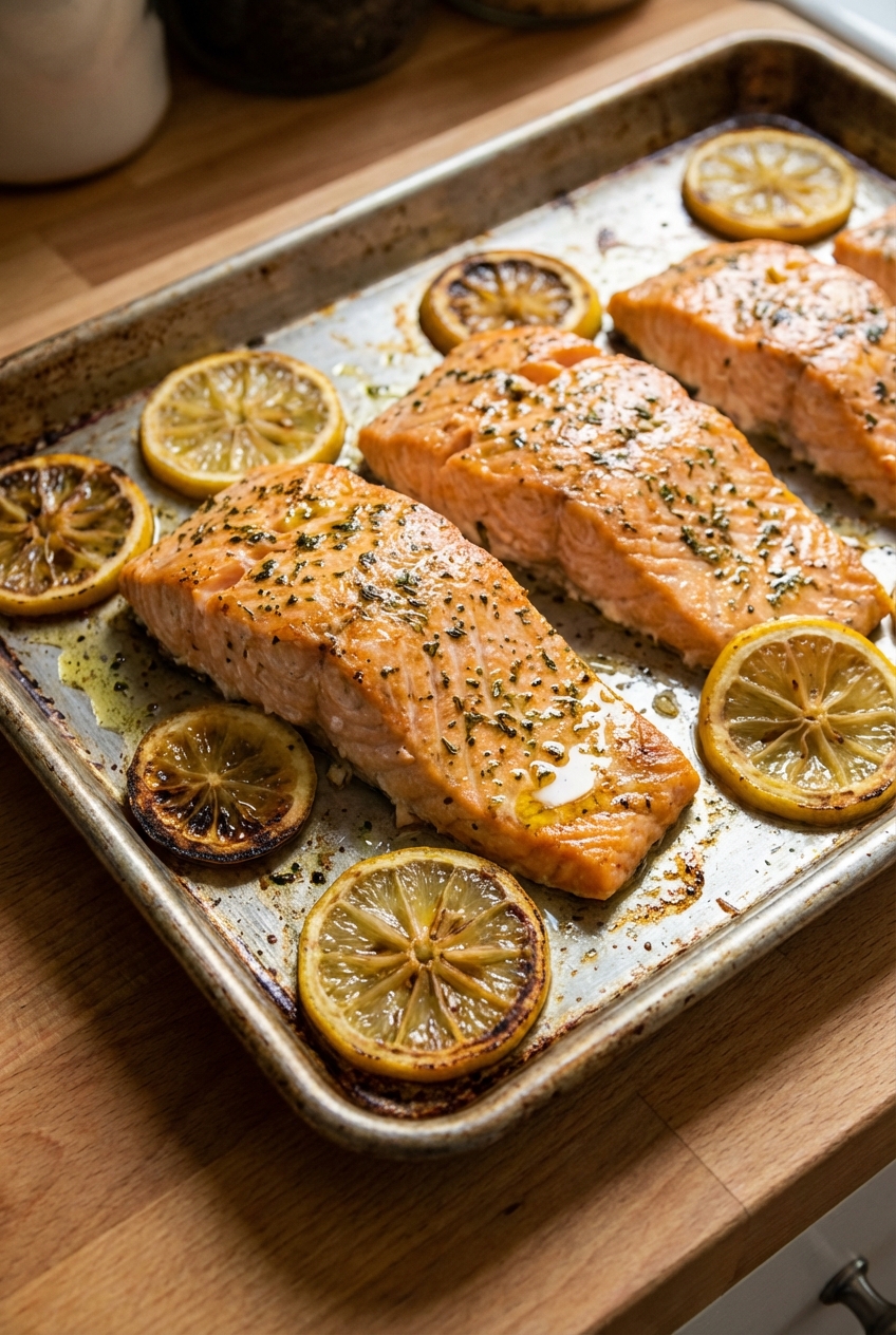 A sheet pan with roasted salmon and lemon slices