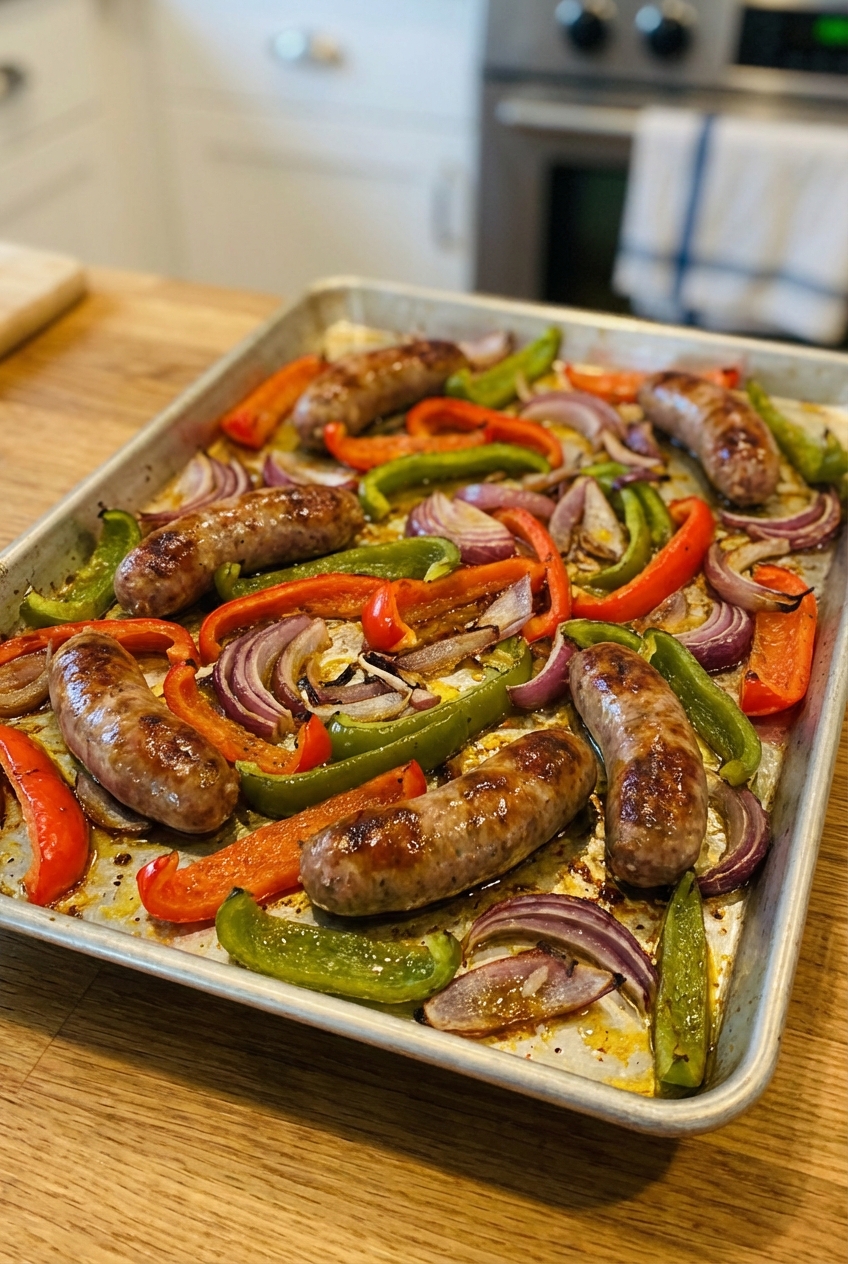 A sheet pan with roasted sausage, bell peppers, and onions