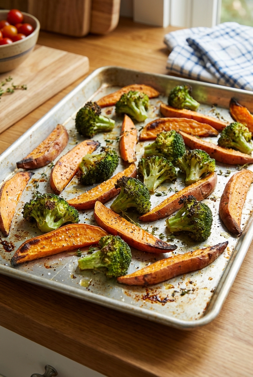 A sheet pan with roasted sweet potato wedges and broccoli, lightly charred at the edges