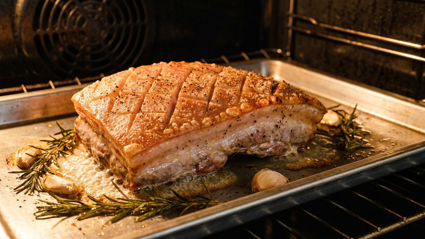 A sheet pan with skin-on pork belly roasting in the oven, fat beginning to render around the edges
