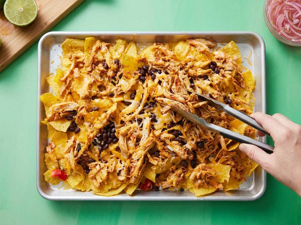 A sheet pan with tortilla chips topped with shredded cheese, black beans, and seasoned shredded chicken, mid-assembly