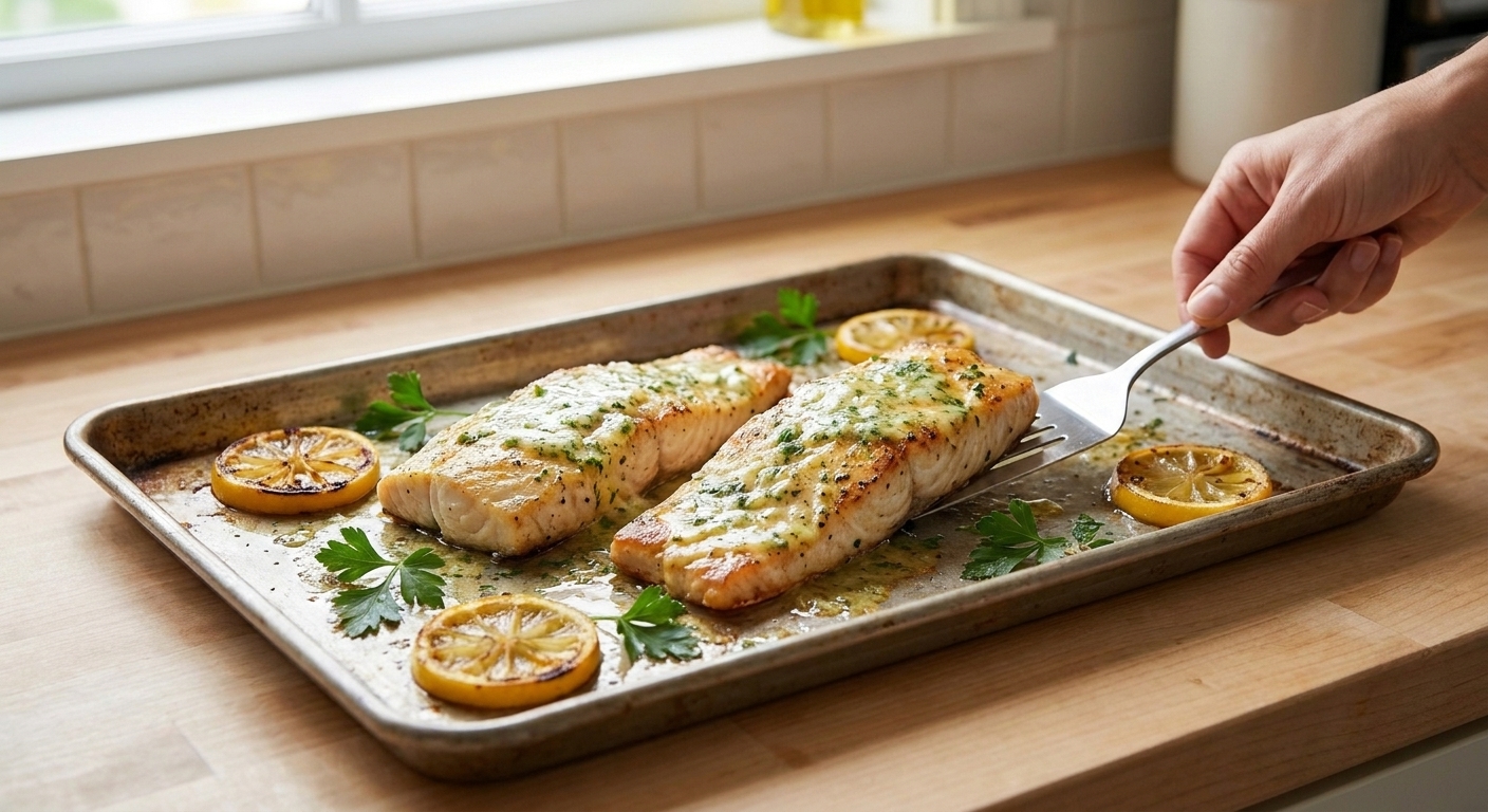 A sheet pan with two baked mahi mahi fillets topped with melted lemon herb butter, with roasted lemon slices and parsley on a warm kitchen counter