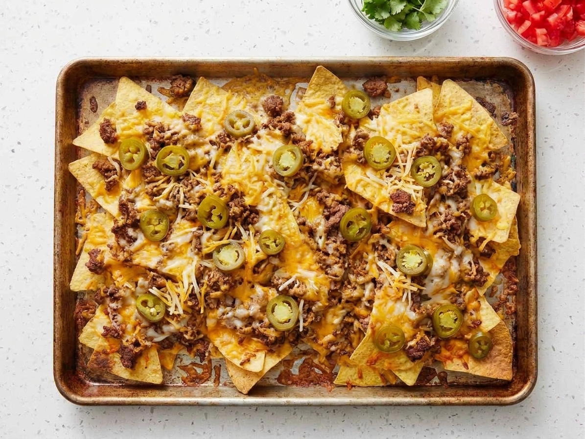 A sheet pan with two layered stacks of tortilla chips, shredded cheese, taco meat, and jalapeños ready to bake
