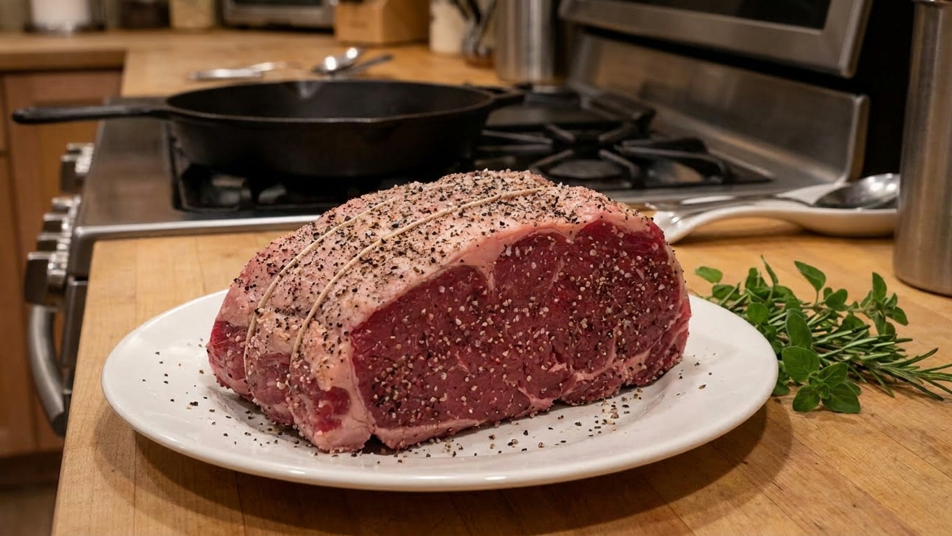 A shell steak roast evenly coated with salt and pepper on a plate, ready to be seared on a kitchen counter