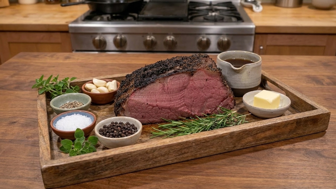 A shell steak roast on a tray with small bowls of salt, pepper, garlic, herbs, butter, and broth arranged on a clean kitchen counter under warm light