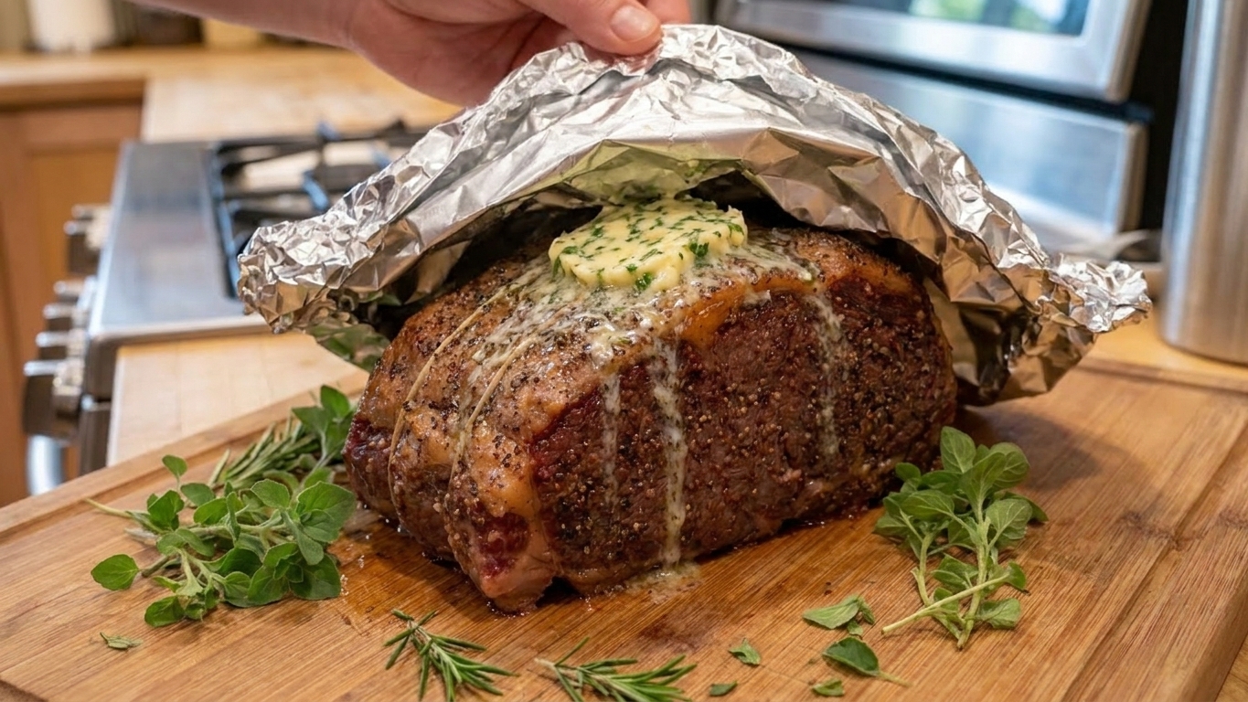 A shell steak roast resting on a cutting board with herb butter melting on top, loosely covered with foil