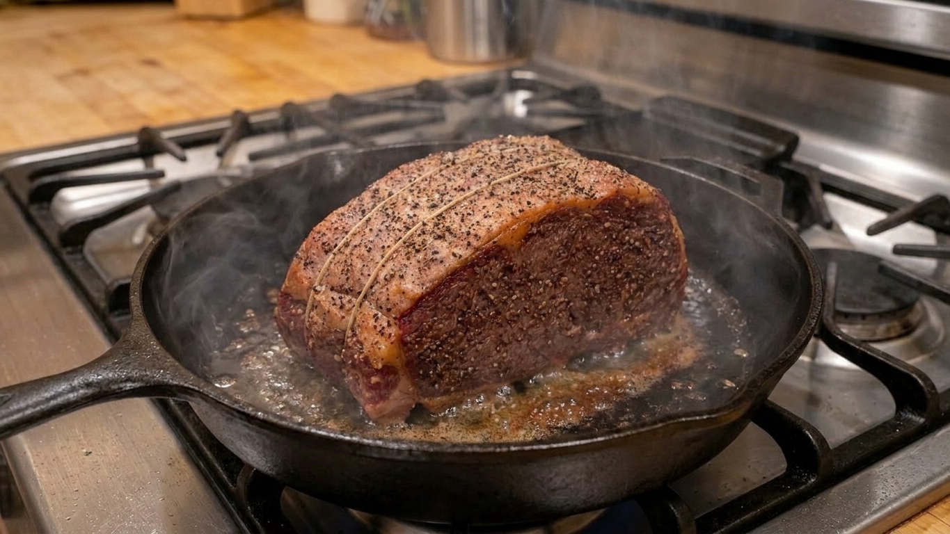 A shell steak roast searing in a cast iron skillet with browned edges forming as light steam rises