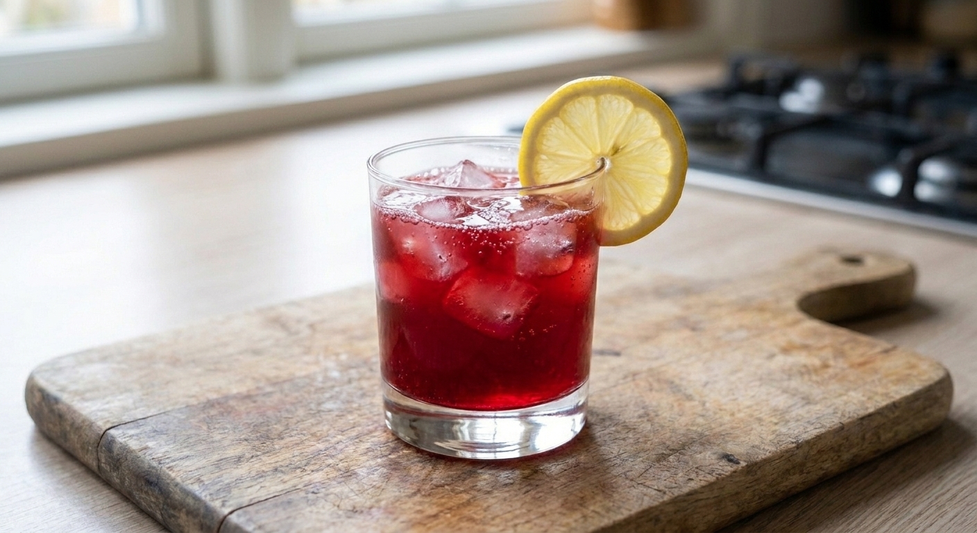 A short glass with ice and a deep red berry drink topped with sparkling bubbles, garnished with a lemon slice on a wooden table