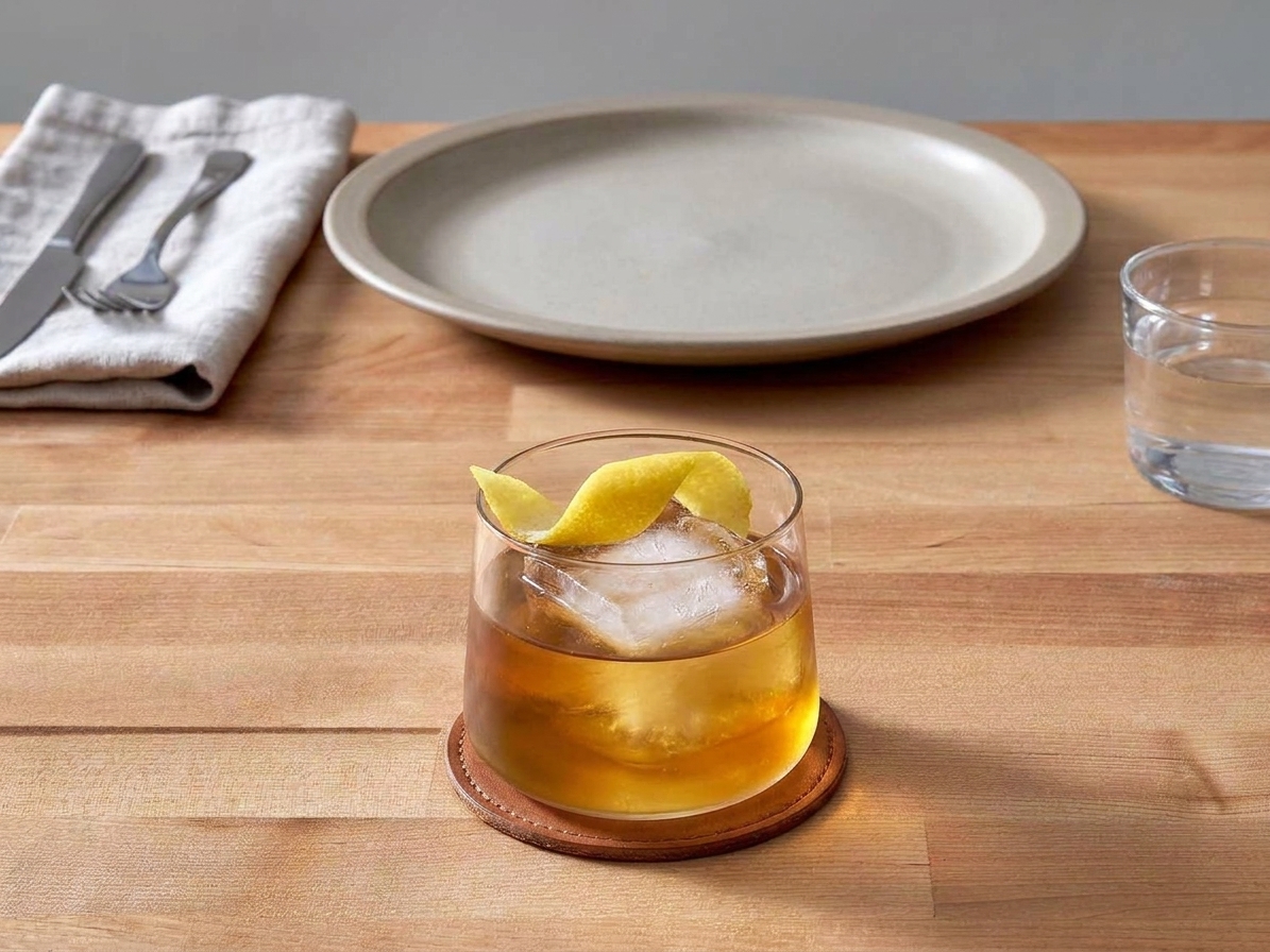 A short rocks glass filled with a Rusty Nail cocktail over a large clear ice cube, garnished with a lemon twist on a warm wood counter in soft kitchen light