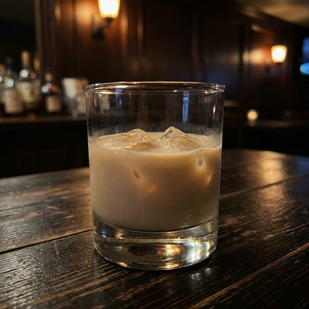 A short tumbler glass filled with ice and creamy Irish cream liqueur on a dark wood table with soft moody lighting, photorealistic