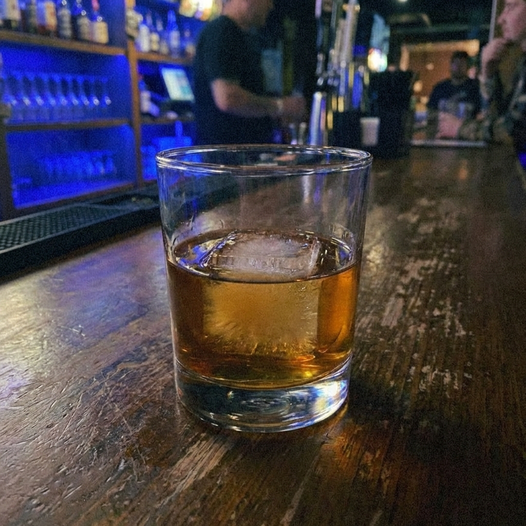 A short tumbler of bourbon with a single large ice cube