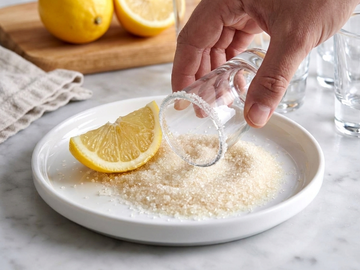 A shot glass being dipped rim-first into a plate of sugar after being moistened with lemon, on a clean kitchen counter