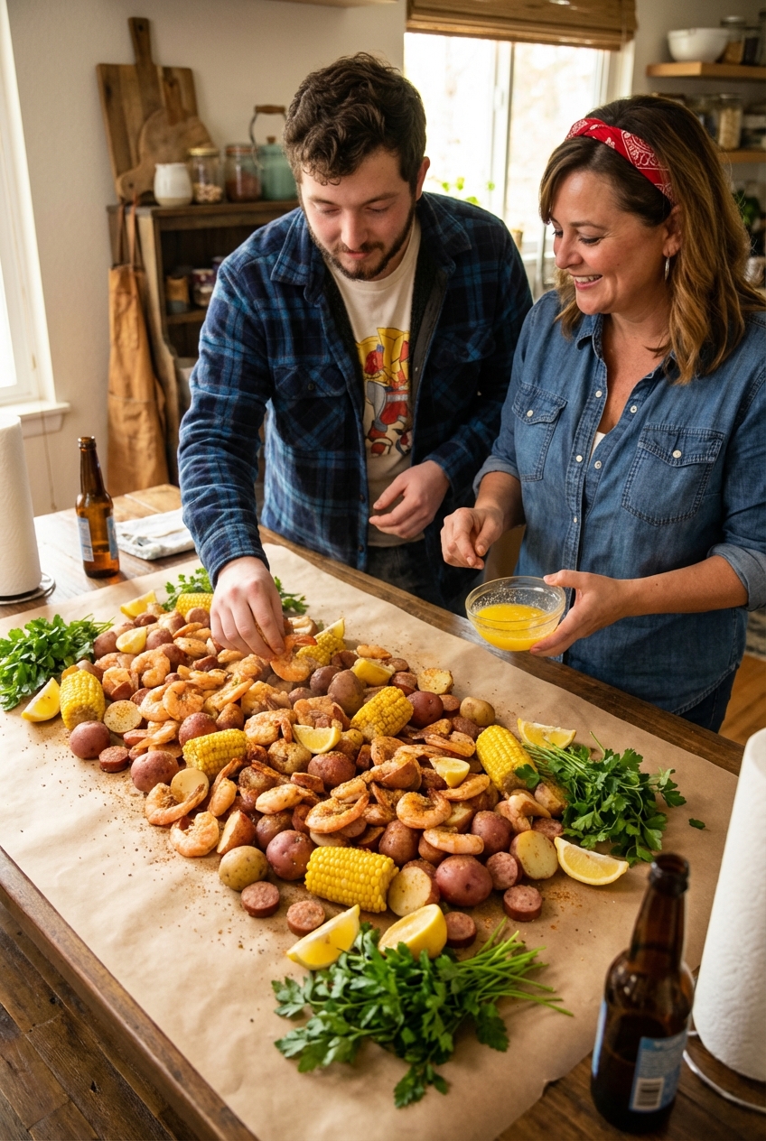 A shrimp boil spread on a parchment-lined table with lemon wedges and parsley