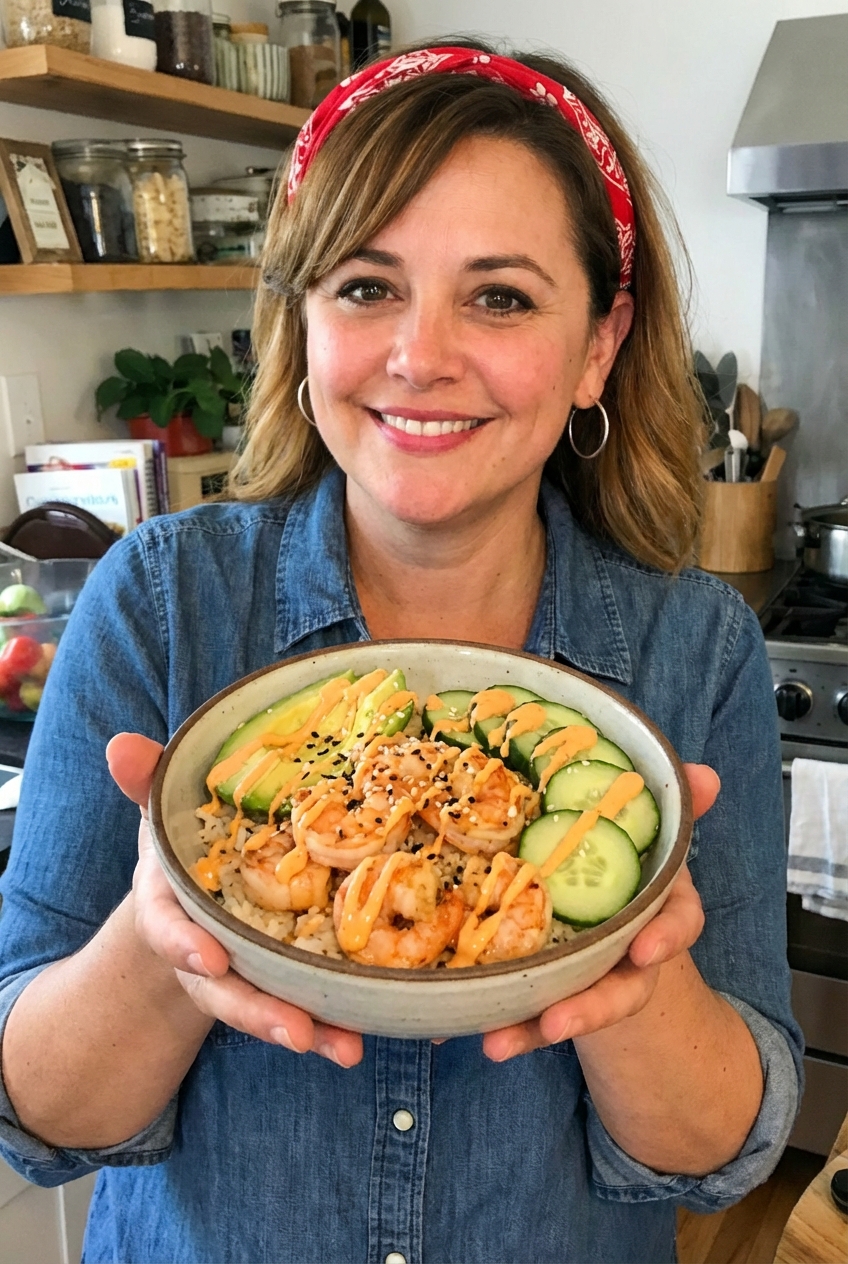 A shrimp rice bowl topped with sliced avocado, cucumber, and a drizzle of spicy mayo