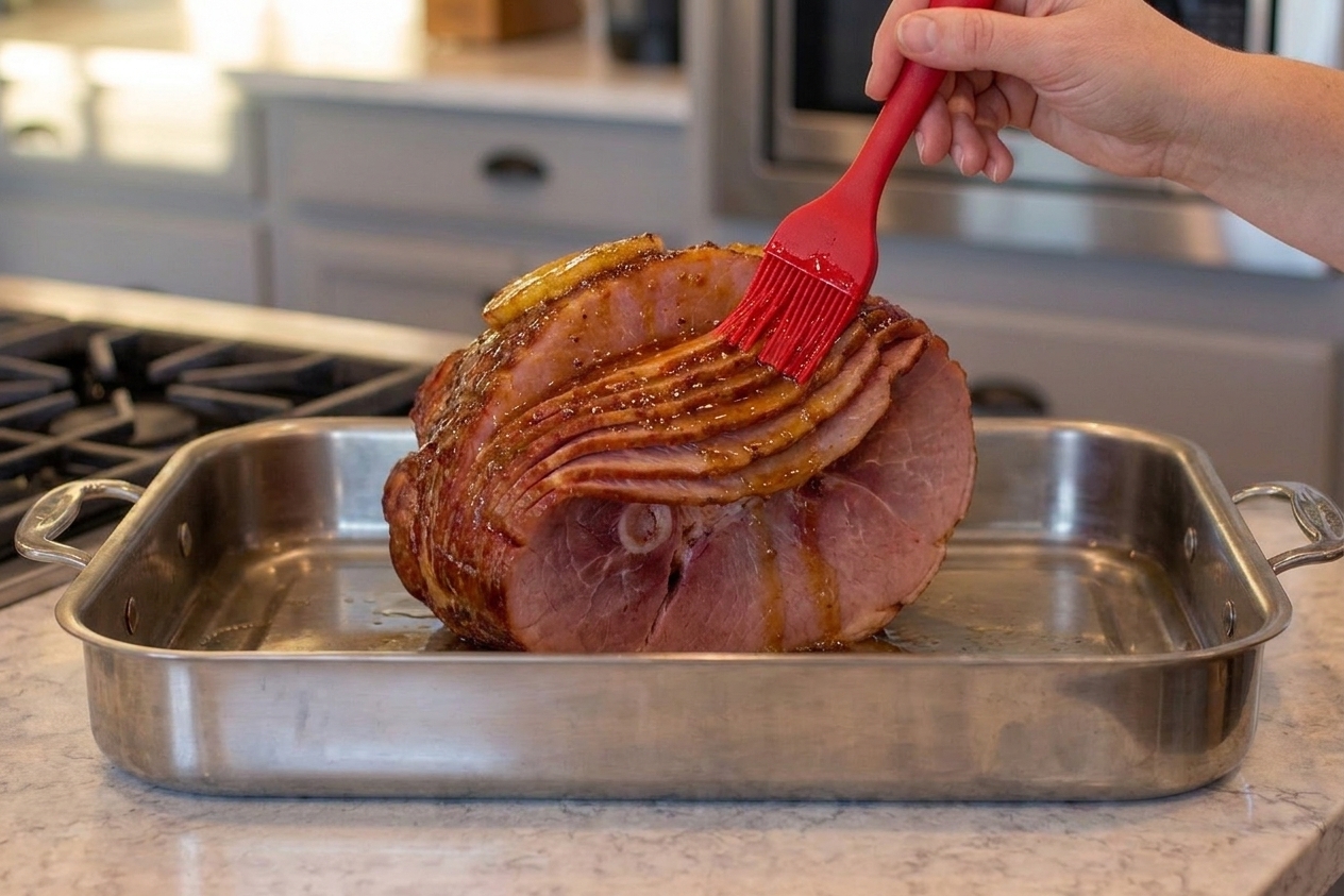 A silicone brush coating a baked ham with shiny honey glaze in a roasting pan
