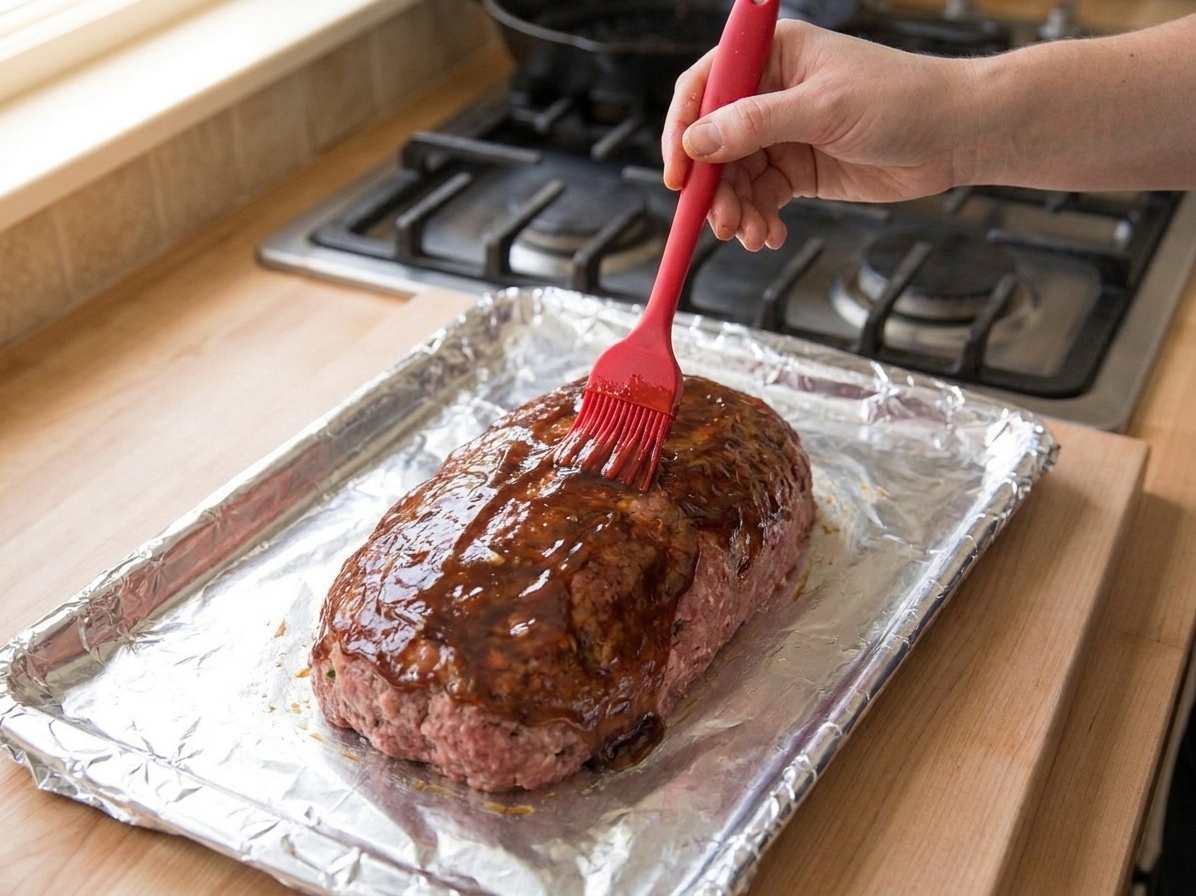 A silicone brush spreading glossy glaze over an unbaked meatloaf on a foil-lined sheet pan