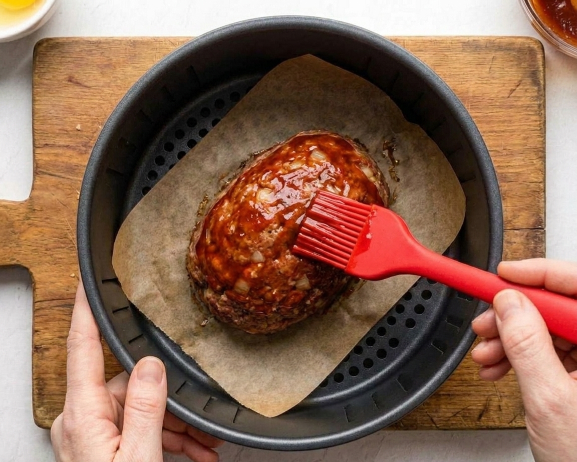 A silicone brush spreading ketchup glaze over a partially cooked meatloaf inside an air fryer basket