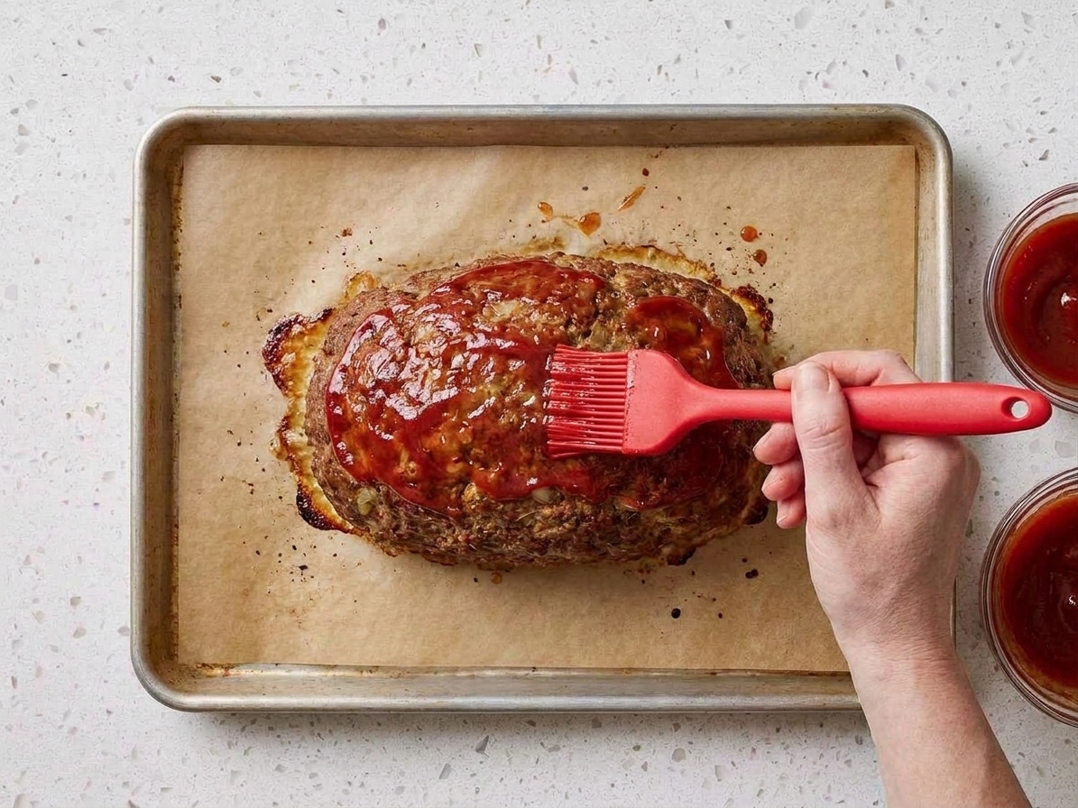 A silicone brush spreading ketchup glaze over a partially baked meatloaf on a sheet pan