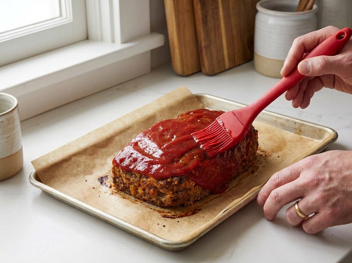 A silicone brush spreading ketchup glaze over a partially baked meatloaf on a parchment-lined sheet pan