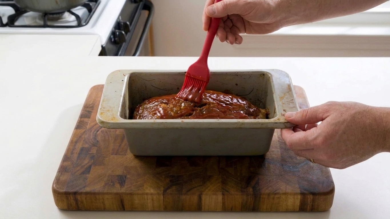 A silicone brush spreading ketchup glaze over the top of a partially baked meatloaf