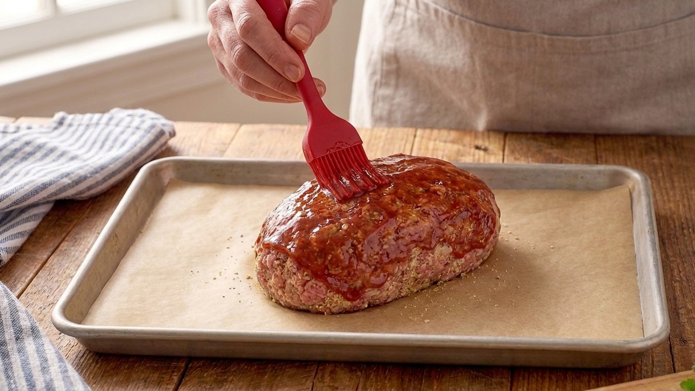 A silicone brush spreading tomato glaze over a raw meatloaf on a sheet pan under warm kitchen lighting