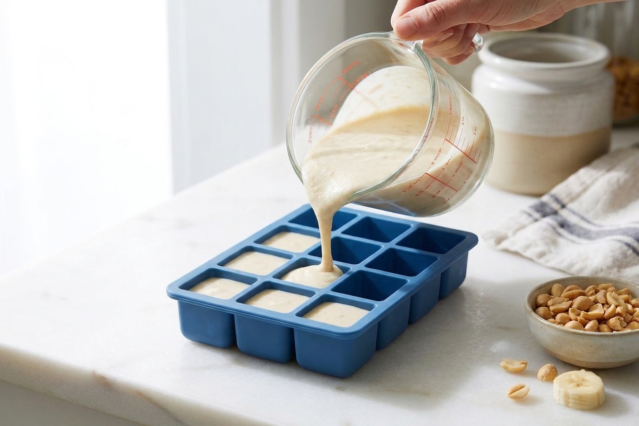 A silicone ice cube tray being filled with creamy dog ice cream mixture on a clean kitchen counter