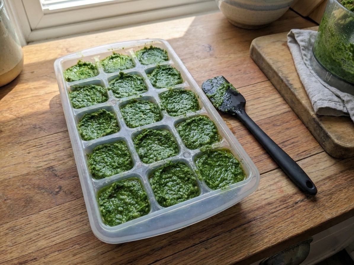 A silicone ice cube tray filled with green pesto portions on a kitchen counter, ready to freeze