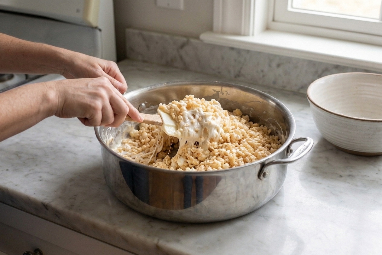 A silicone spatula folding Rice Krispies cereal into melted marshmallow mixture in a large pot