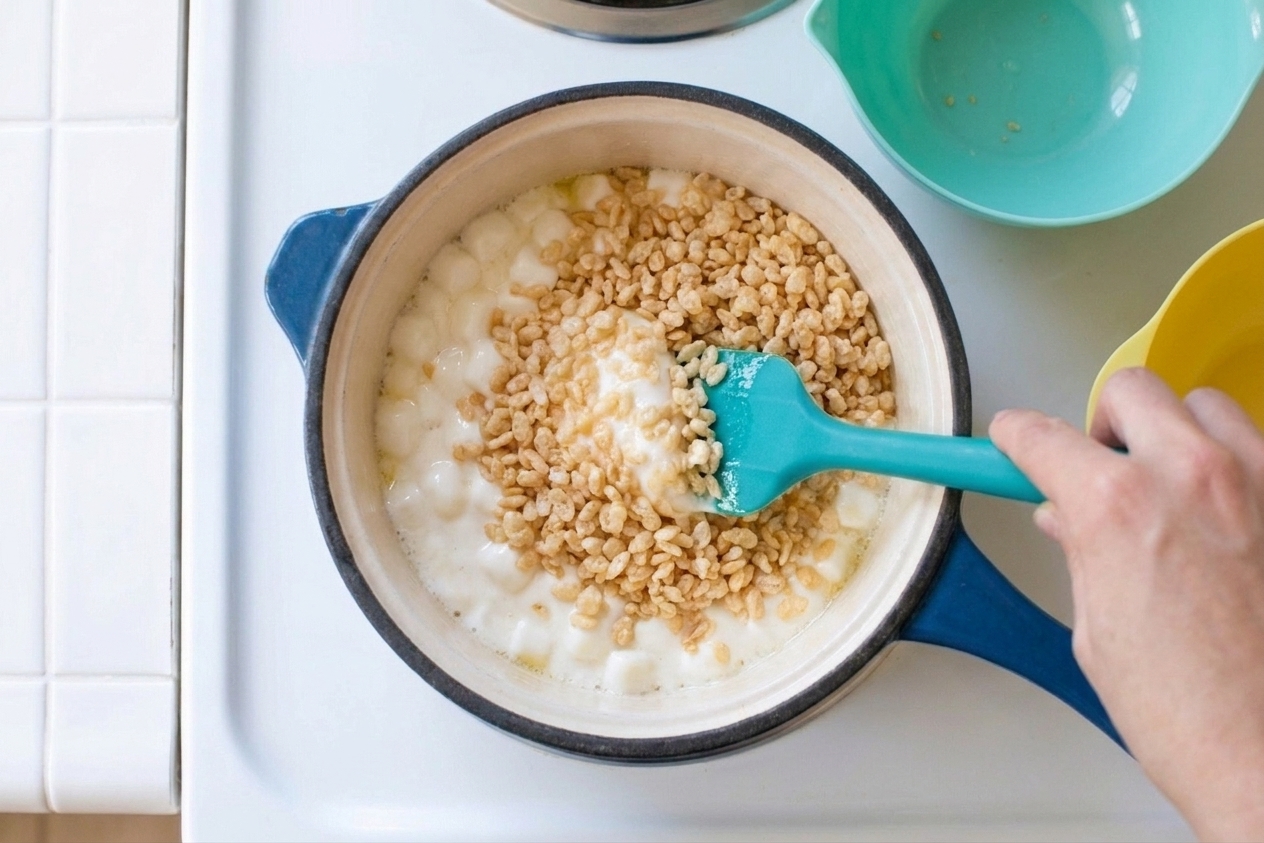 A silicone spatula folding crispy rice cereal into glossy melted marshmallow mixture in a large pot