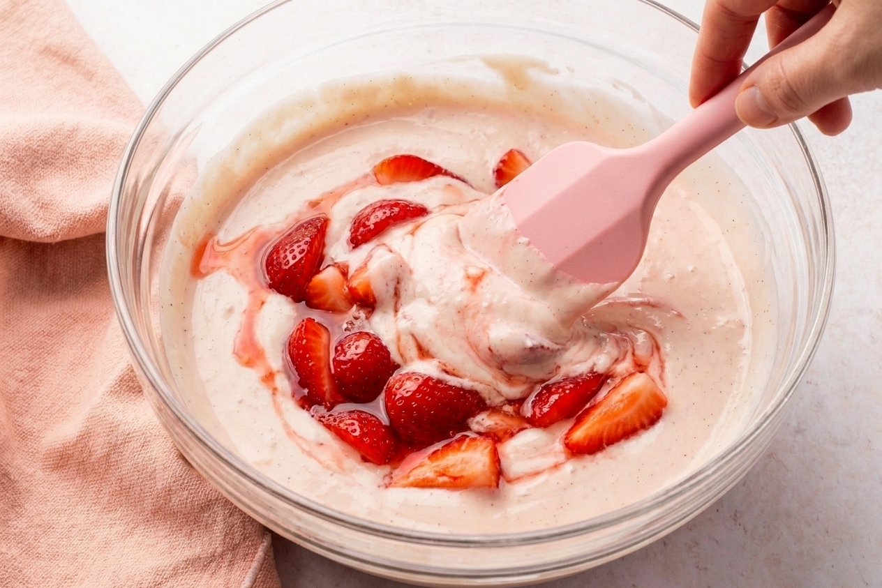 A silicone spatula folding macerated strawberries into a pale pink cream mixture in a bowl on a kitchen counter