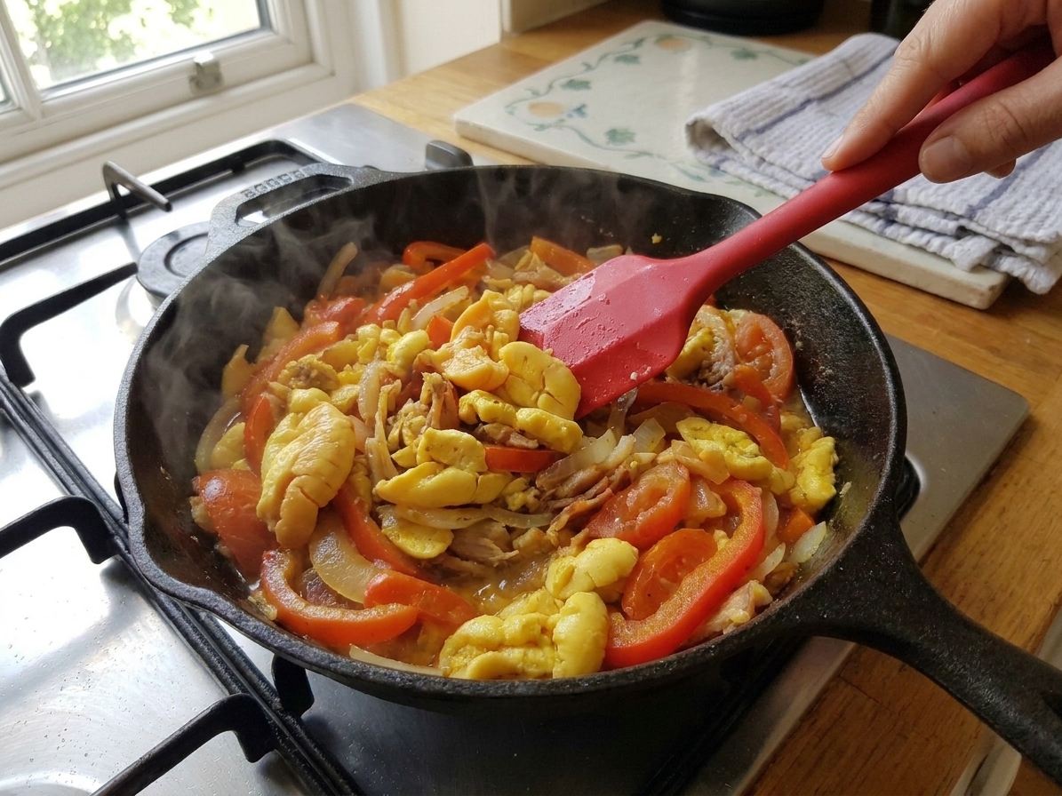 A silicone spatula gently folding drained ackee into a pan of saltfish and sautéed vegetables so the ackee stays in soft pieces