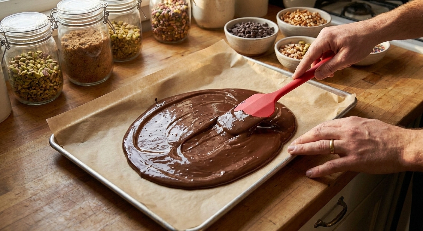 A silicone spatula spreading melted chocolate into an even layer on a parchment-lined sheet pan
