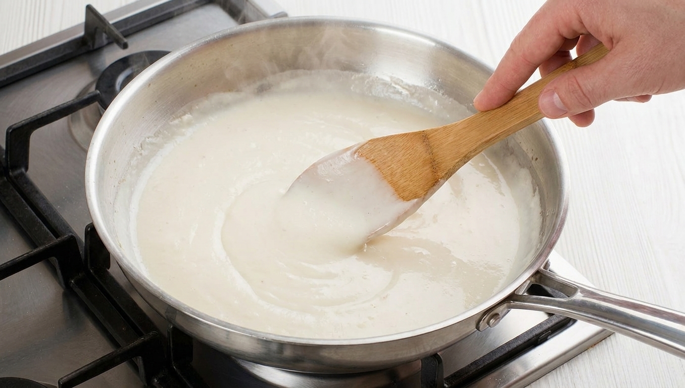A silky Parmesan cream sauce being stirred in a skillet with a wooden spoon, steam rising gently