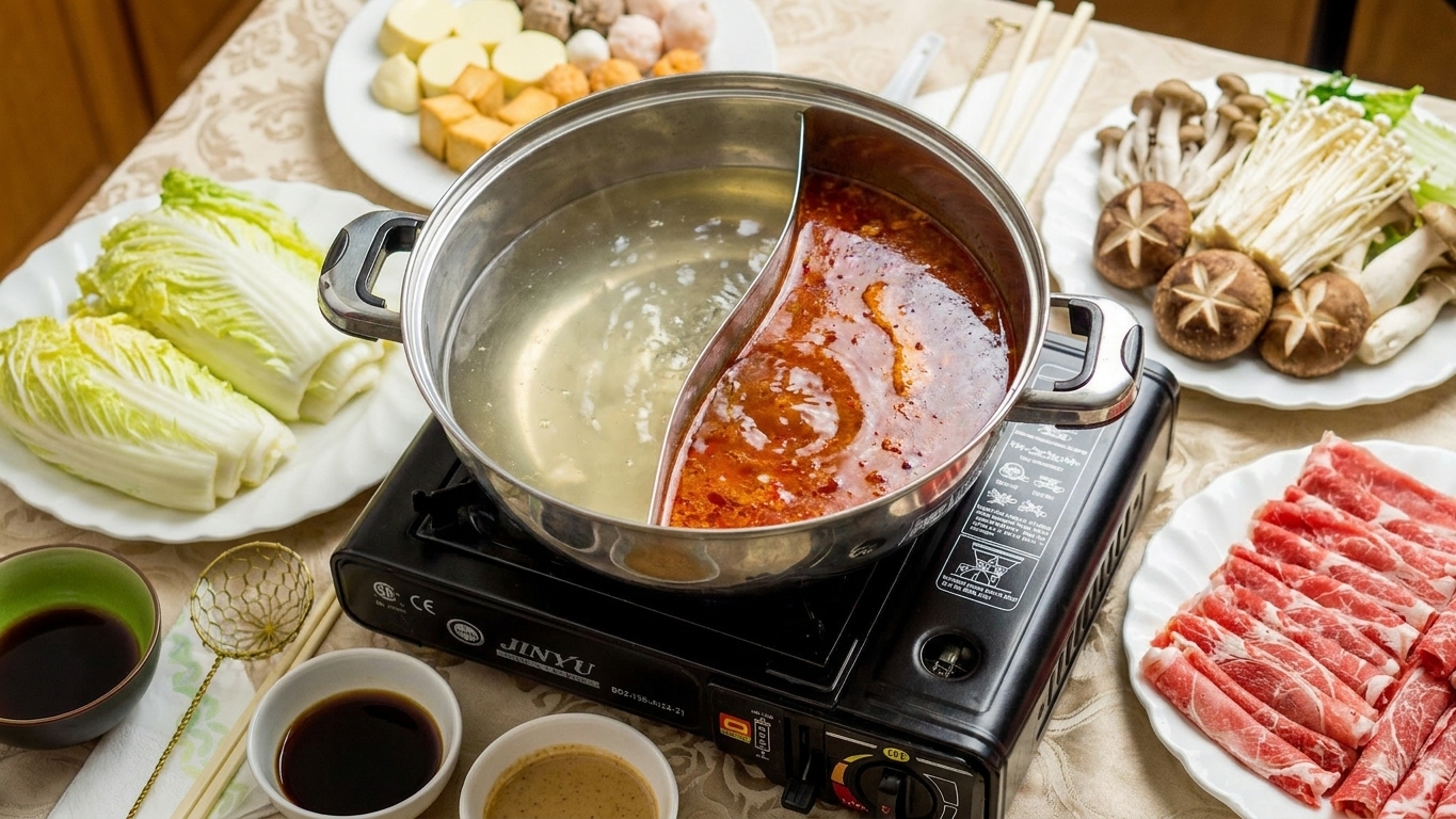 A simmering Japanese shabu shabu hot pot on a portable burner, surrounded by neatly arranged plates of thinly sliced beef, napa cabbage, mushrooms, and dipping sauces on a warm kitchen table