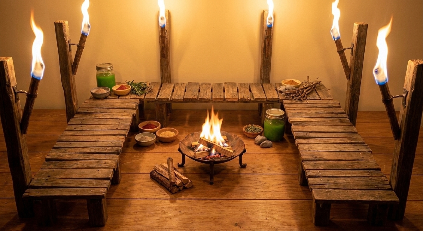 A simple Terraria boss arena made of wooden platforms with torches and a campfire for regeneration.