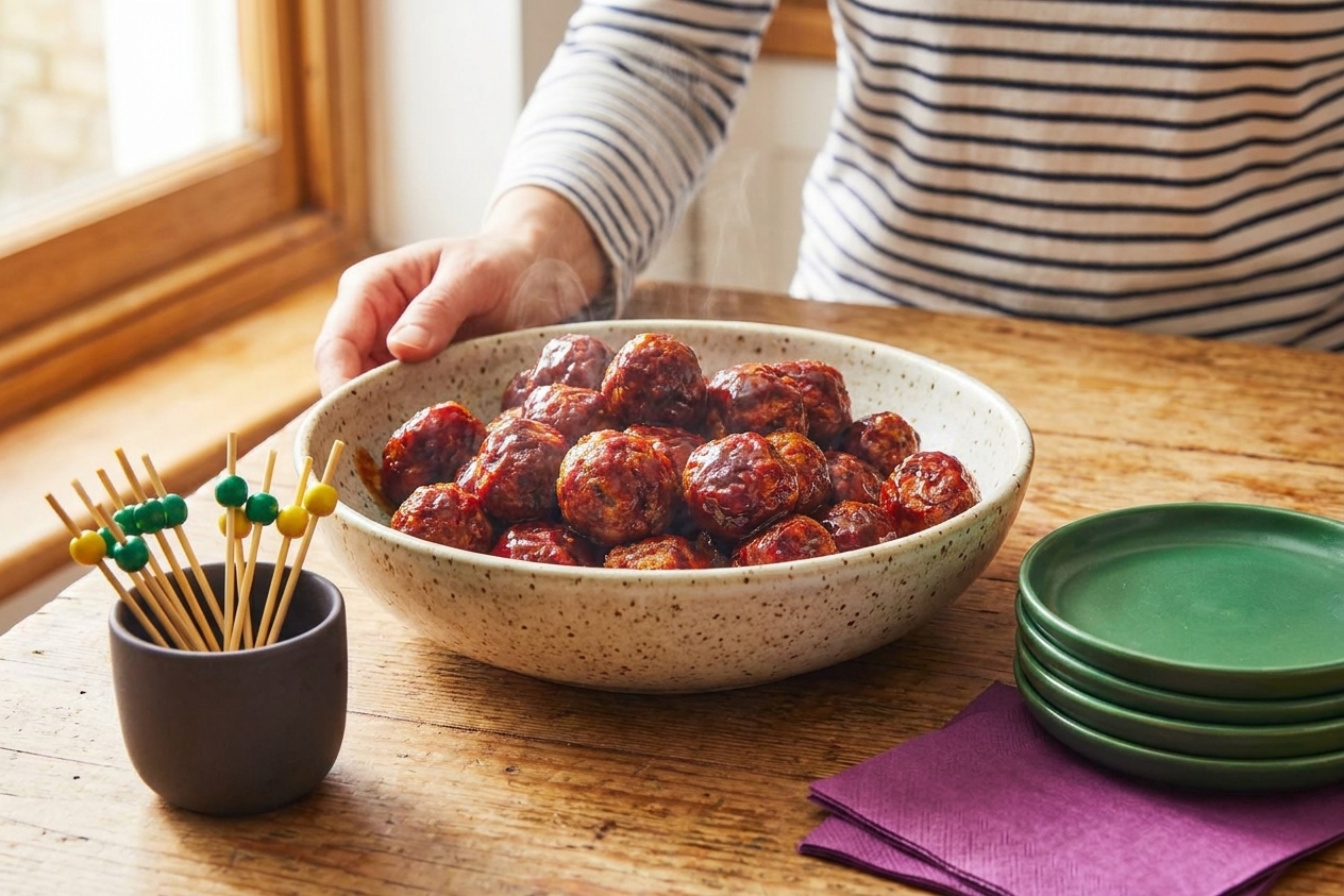 A simple appetizer table setting with a serving bowl of cocktail meatballs, toothpicks in a small cup, and plates on a wooden table in warm light