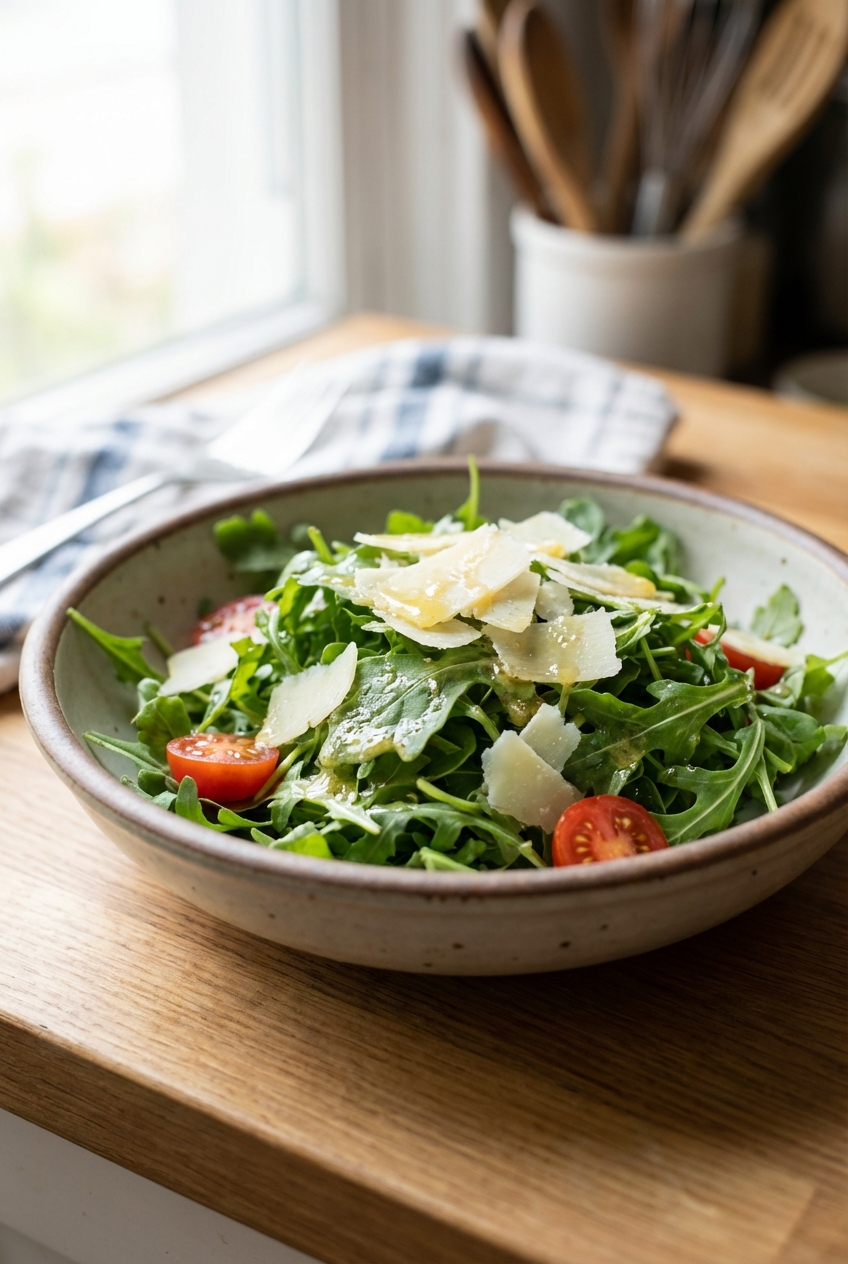 A simple arugula salad in a bowl with lemon vinaigrette and shaved parmesan