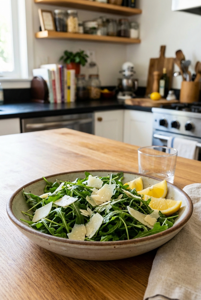A simple arugula salad in a bowl with shaved parmesan and lemon wedges