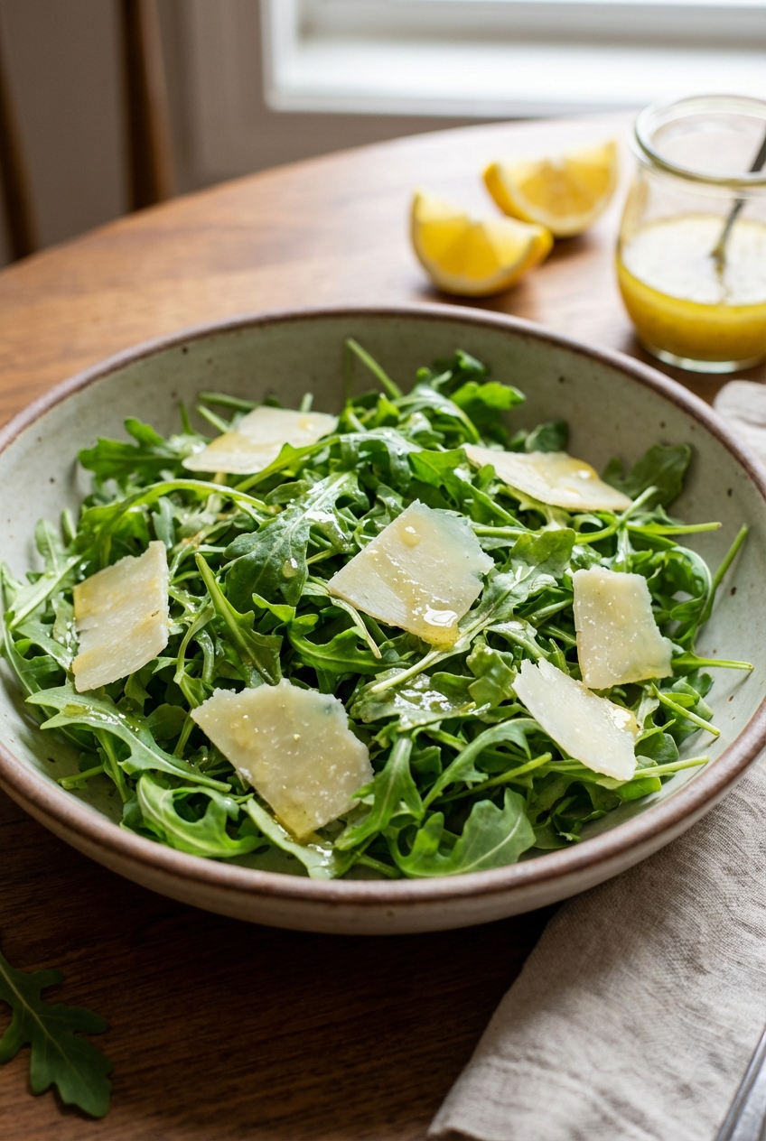 A simple arugula salad in a bowl with shaved parmesan and lemon vinaigrette