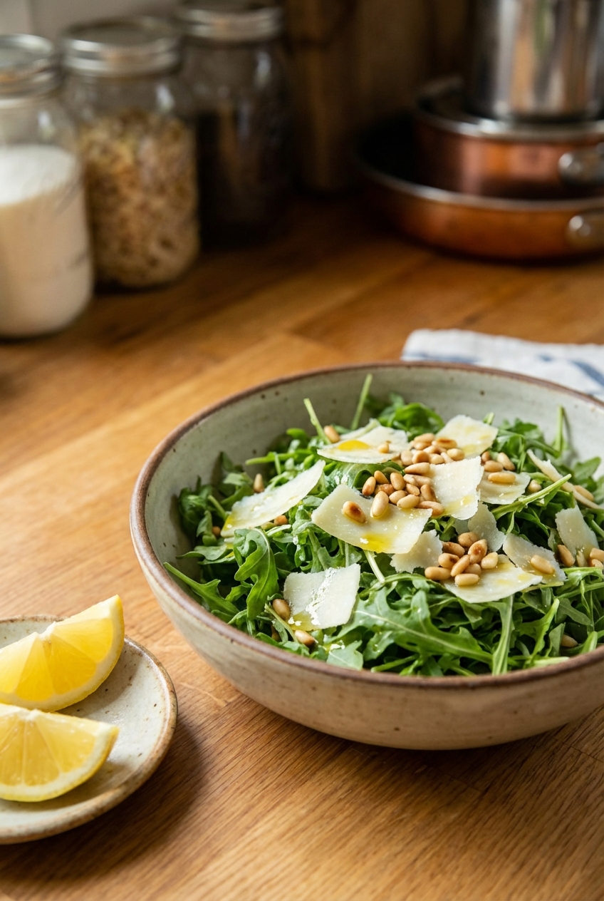 A simple arugula salad in a ceramic bowl with lemon wedges on the side