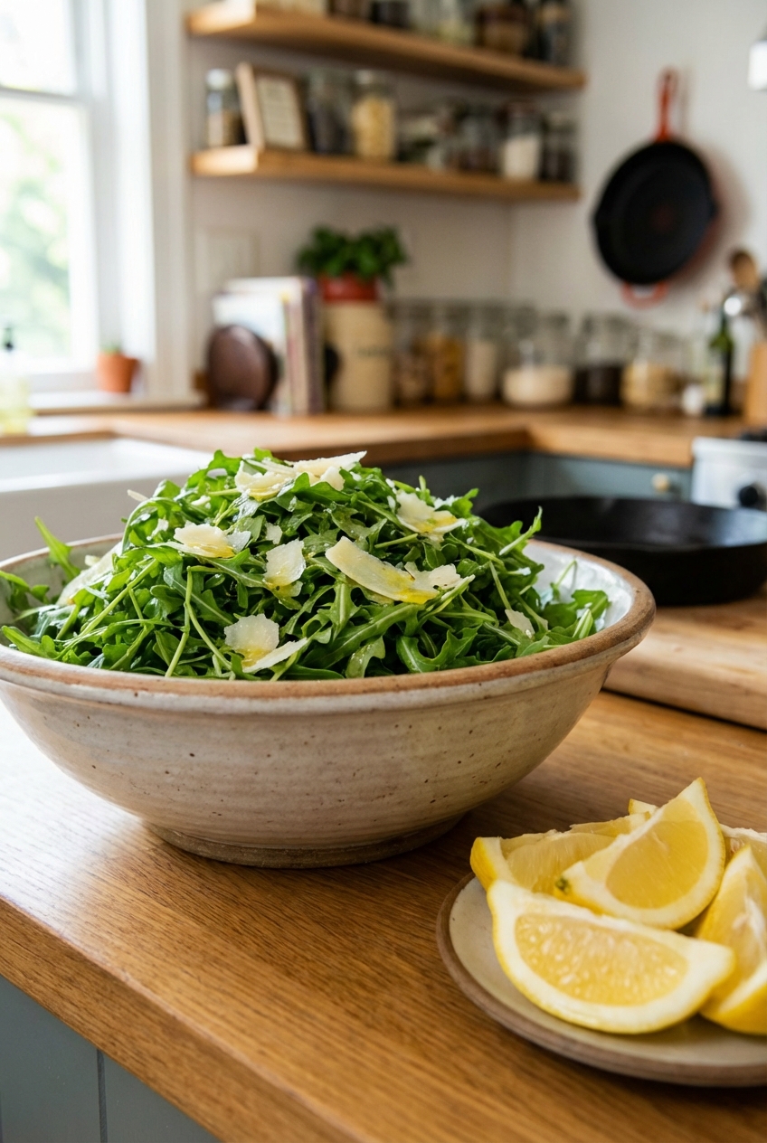 A simple arugula salad in a large bowl with lemon wedges on the side