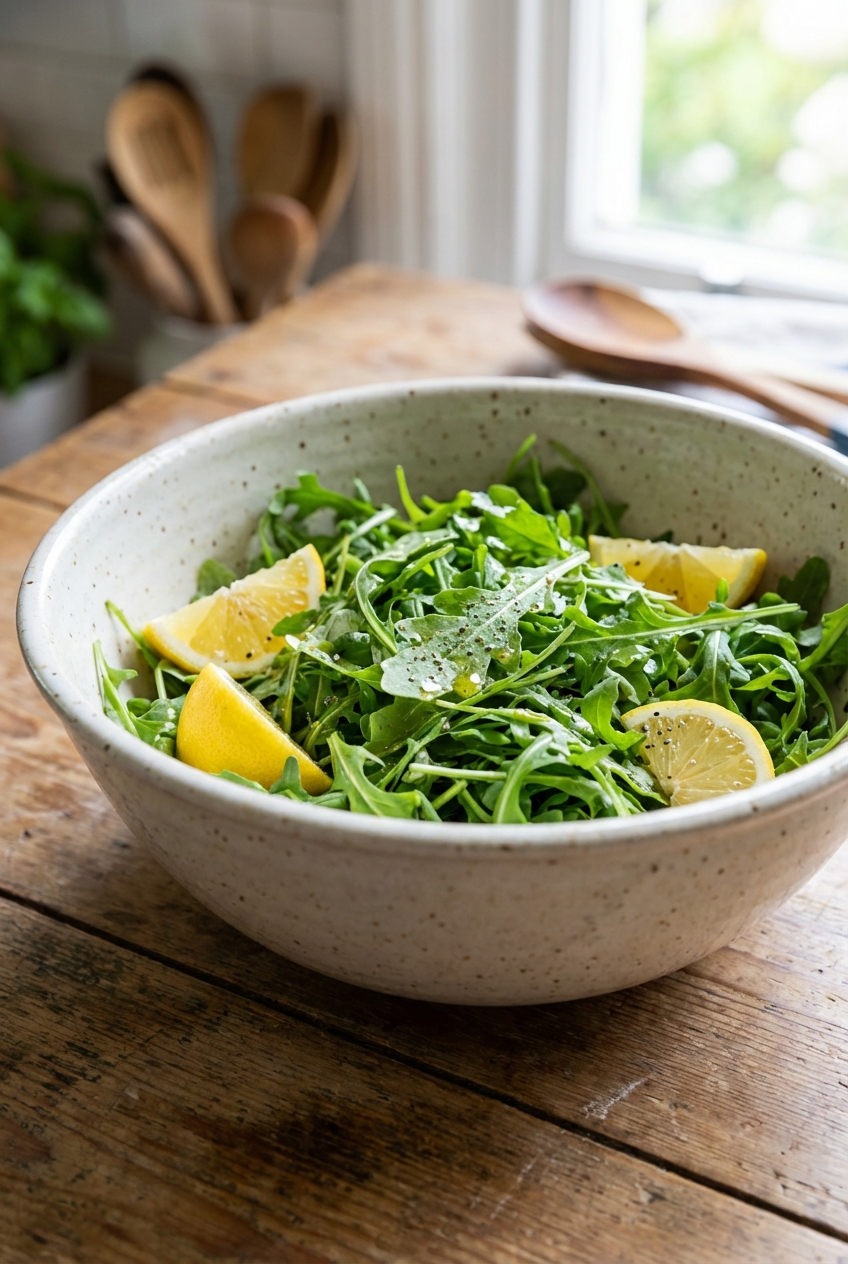 A simple arugula salad in a large bowl with lemon wedges