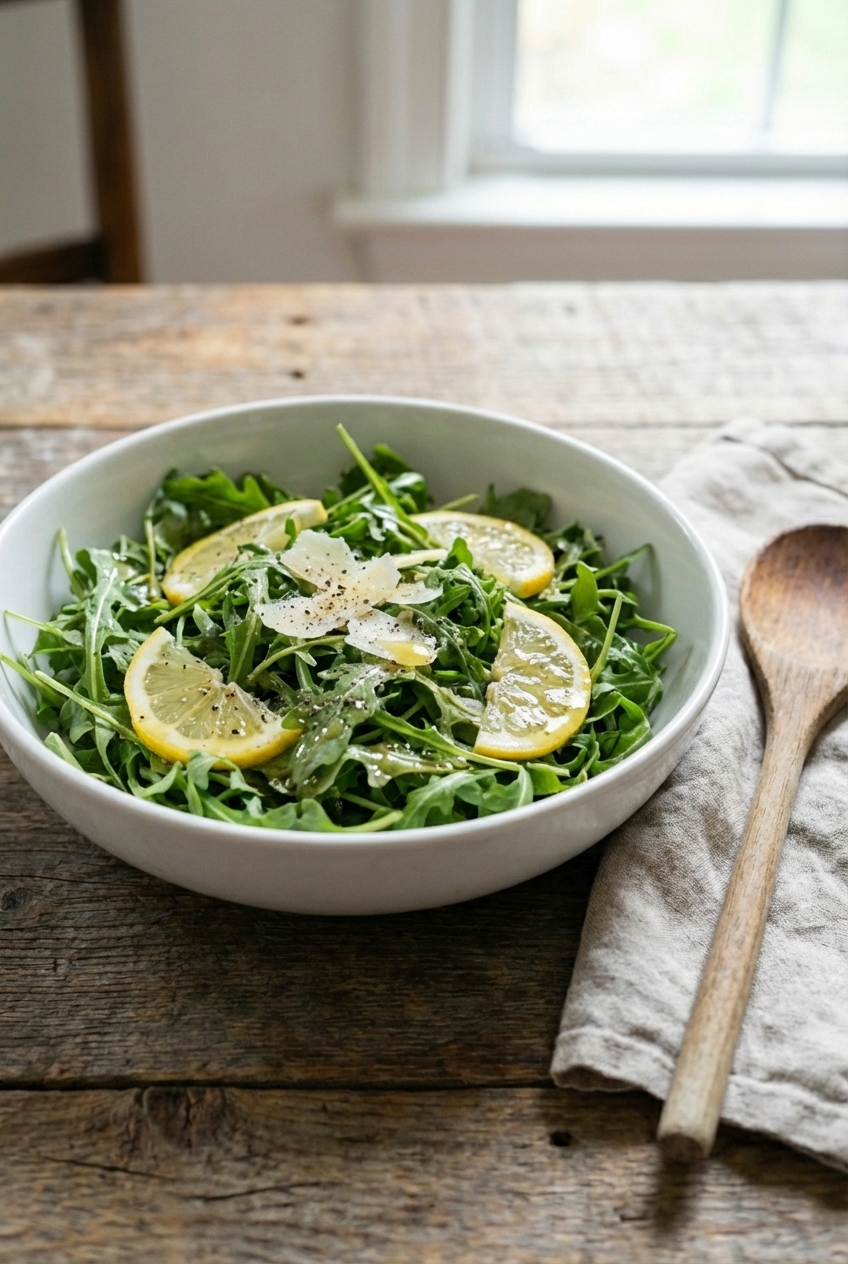 A simple arugula salad in a white bowl with lemon vinaigrette