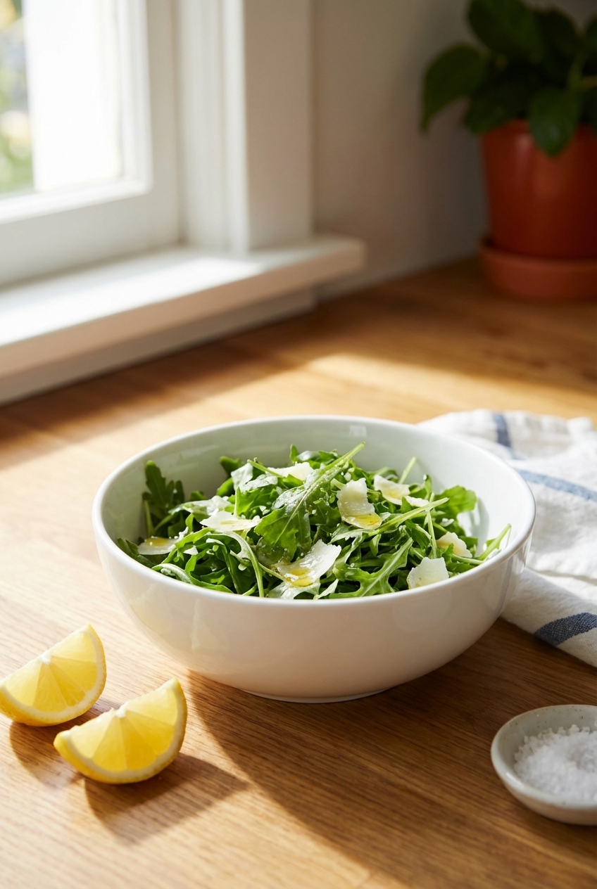 A simple arugula salad in a white bowl with lemon wedges on the side