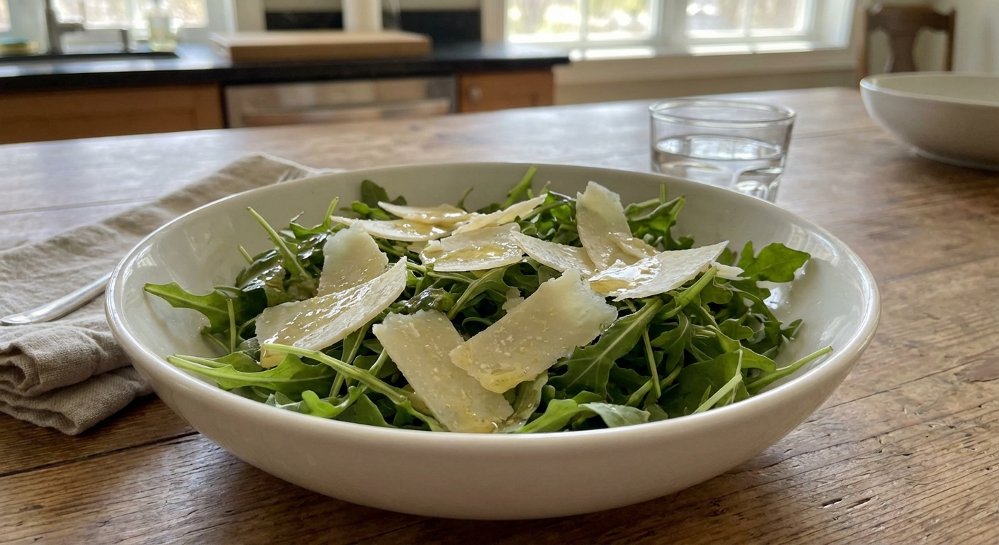 A simple arugula salad in a white bowl with lemon vinaigrette and shaved Parmesan on top