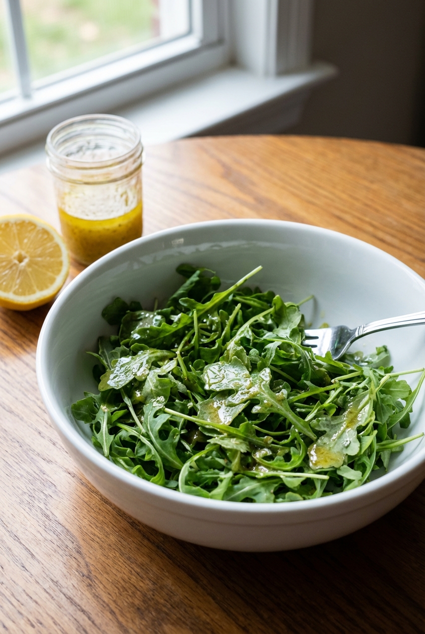 A simple arugula salad in a white bowl with lemon vinaigrette